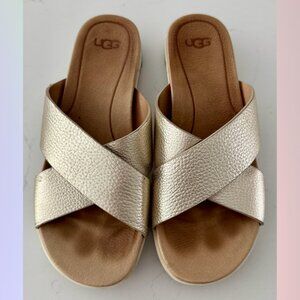 UGG Metallic Gold & Tan Crossover Sandals – Size 7.5
